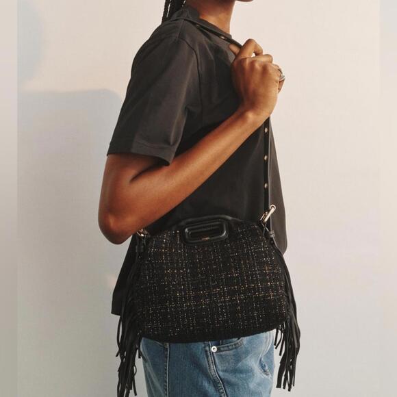 NWT MAJE Black Gold Metallic Tweed Crossbody Shoulder Bag Purse Leather Tassel - Picture 2 of 10